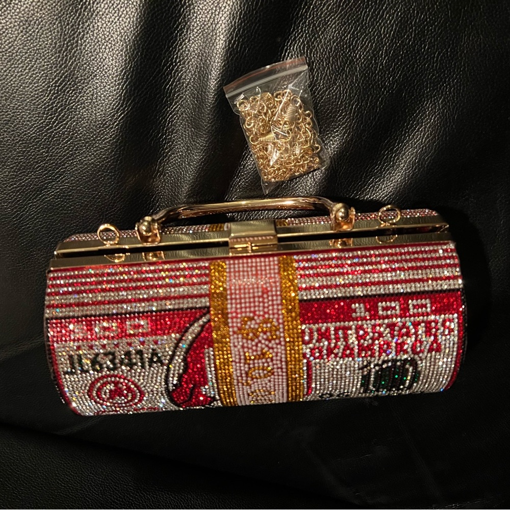 Crossbody bag with crystals color gold & red new No tag .